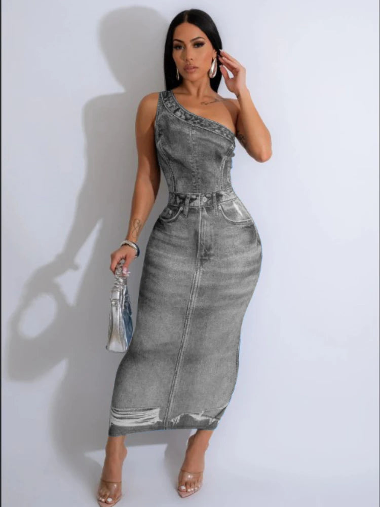 Women Fake Jean 3D Printed One Shoulder Sleeveless Bodycon Midi Maxi Dress 2024 Club Sexy Party Long Dresses Vestido Gray