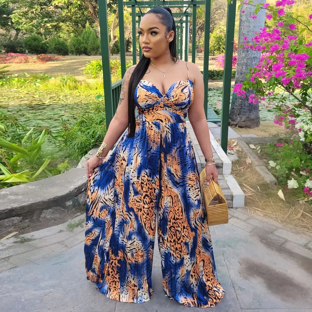 Women Leopard Spaghetti Strap Loose Wide Leg Sleeveless Jumpsuit 2023 Summer Street Playsuit One Piece Suit Romper dark blue