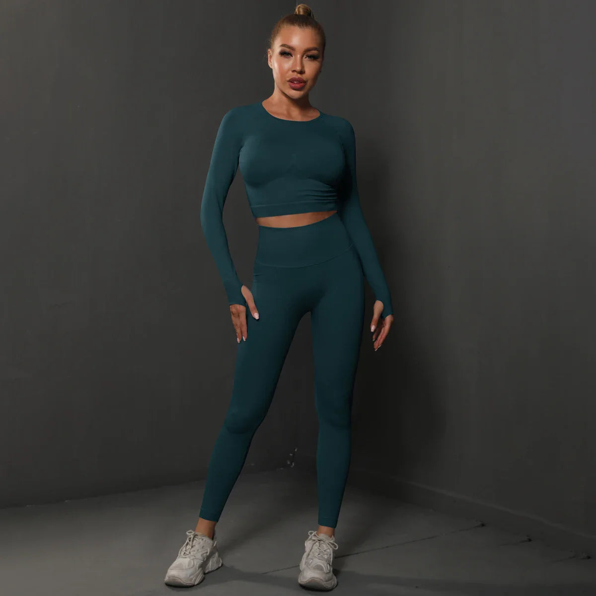 2Pcs Women Sets Energy Seamless Gym Suits Bubble Butt Sports Pants+Long Sleeve Shirts Push Up Running Sets Tracksuits Tights Set Blue Green