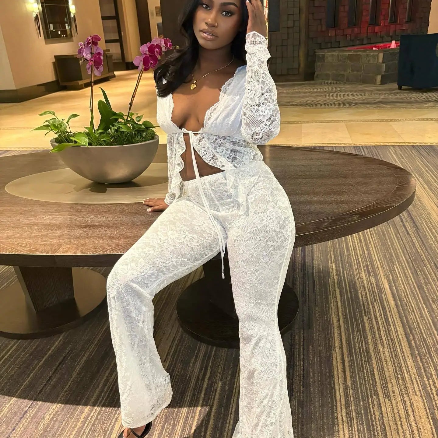CM.YAYA 2025 Women's Set Long Sleeve Lace See Through Shirt + Long Pants Street Evening Sexy Two 2Piece Sets Outfits Tracksuit