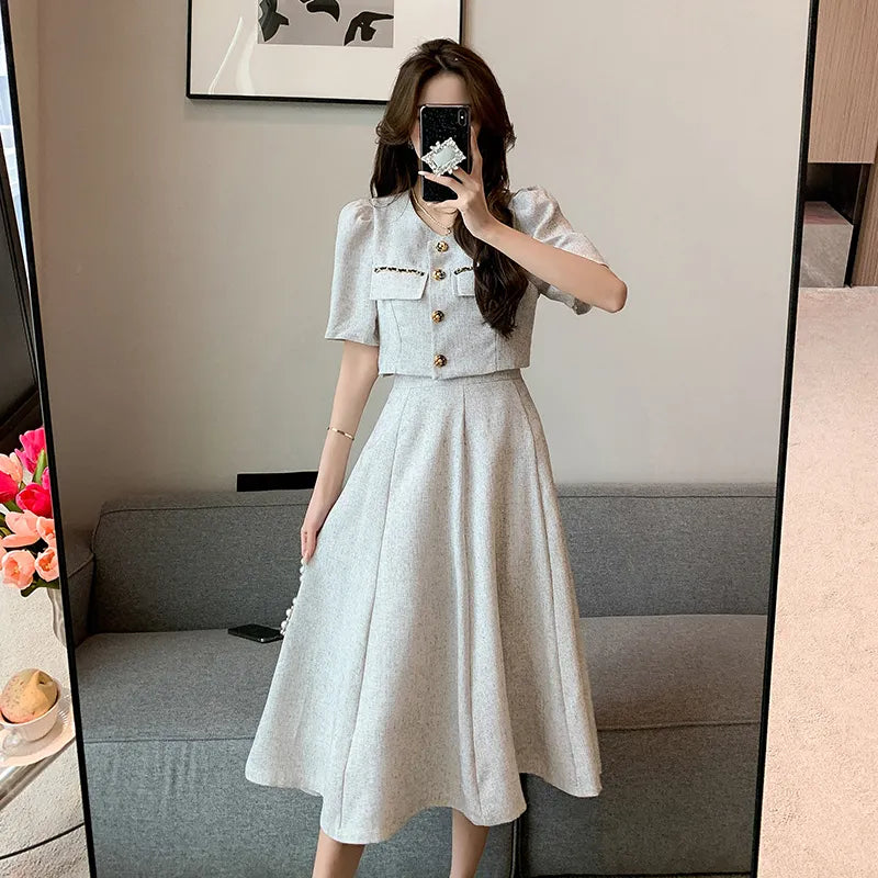 Small Fragrant New Summer Fashion Korean Sweet Elegant 2 Piece Set Women Coat Top + Midi Skirt Suits Womens Two Peice Sets Light Grey