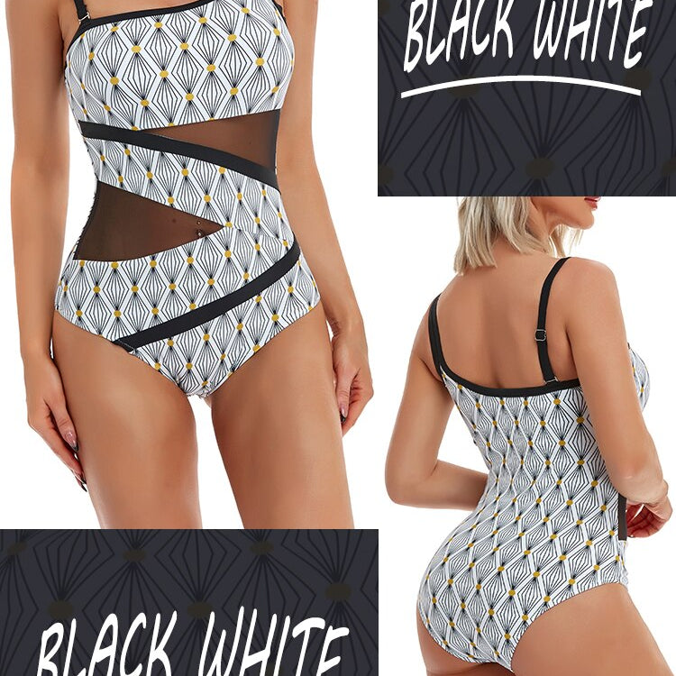 Sexy Mesh One-Piece Swimwear - One Shoulder Swimsuit Bodysuit Beachwear Brazilian Bathing Suits Summer Monokini Black White