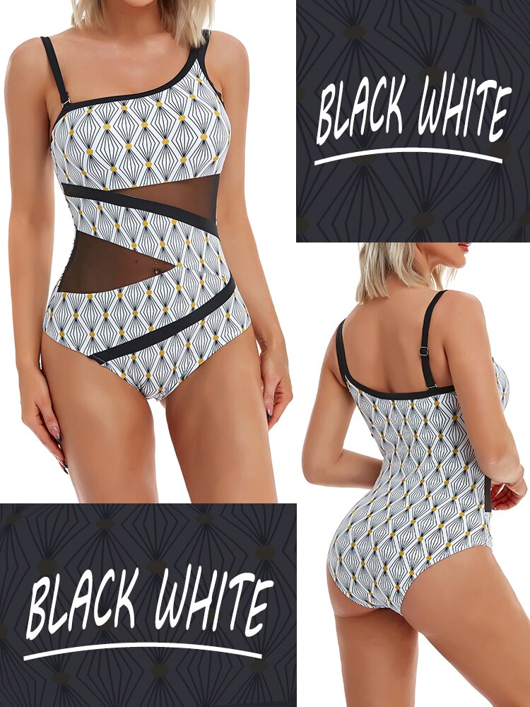 Sexy Mesh One-Piece Swimwear - One Shoulder Swimsuit Bodysuit Beachwear Brazilian Bathing Suits Summer Monokini Black White