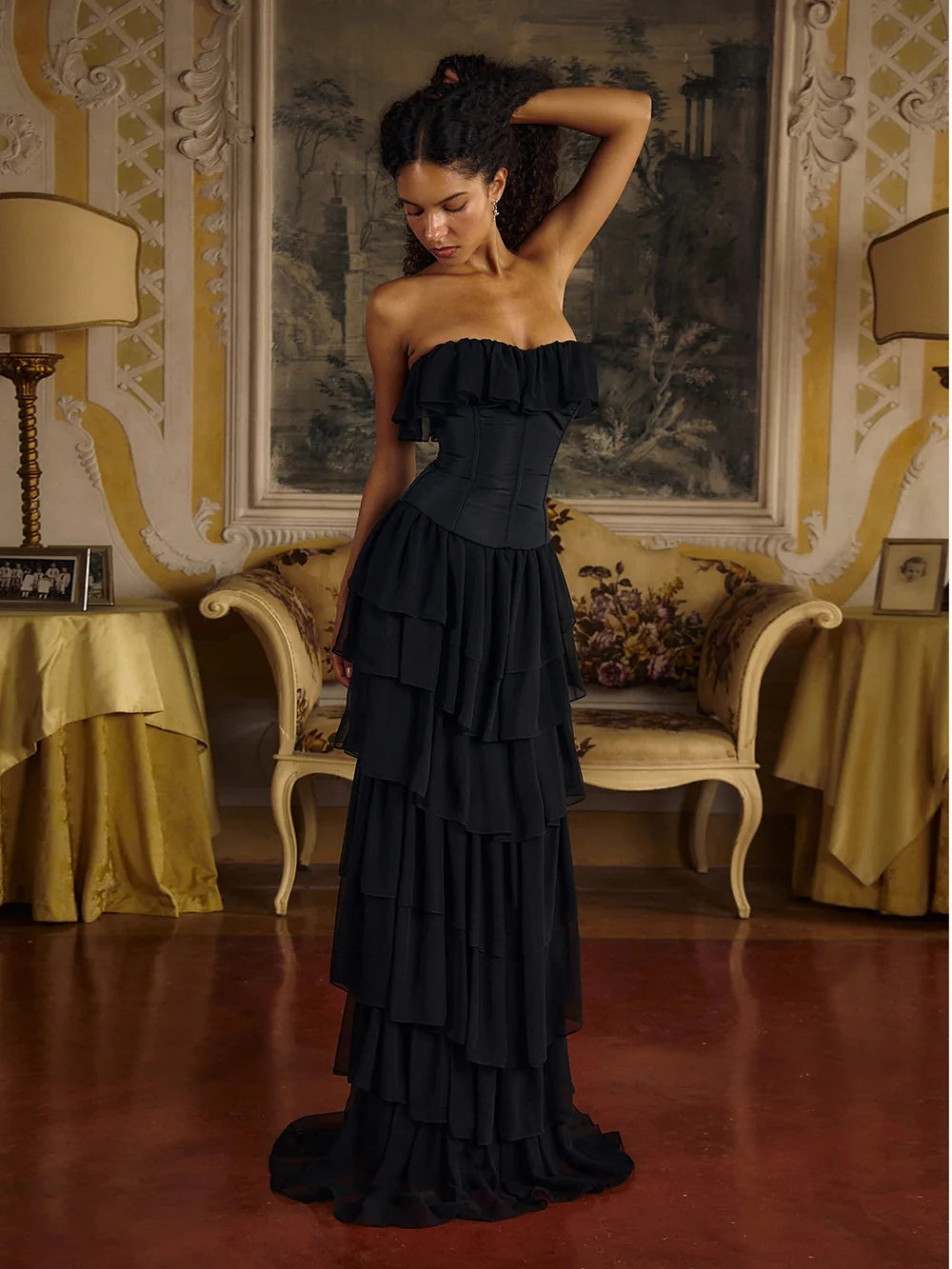 2025 Women Sexy Strapless Ruffle Slim Maxi Dress for cummerbund Elegant Sleeveless Lady Evening Party Gowns Female Robes