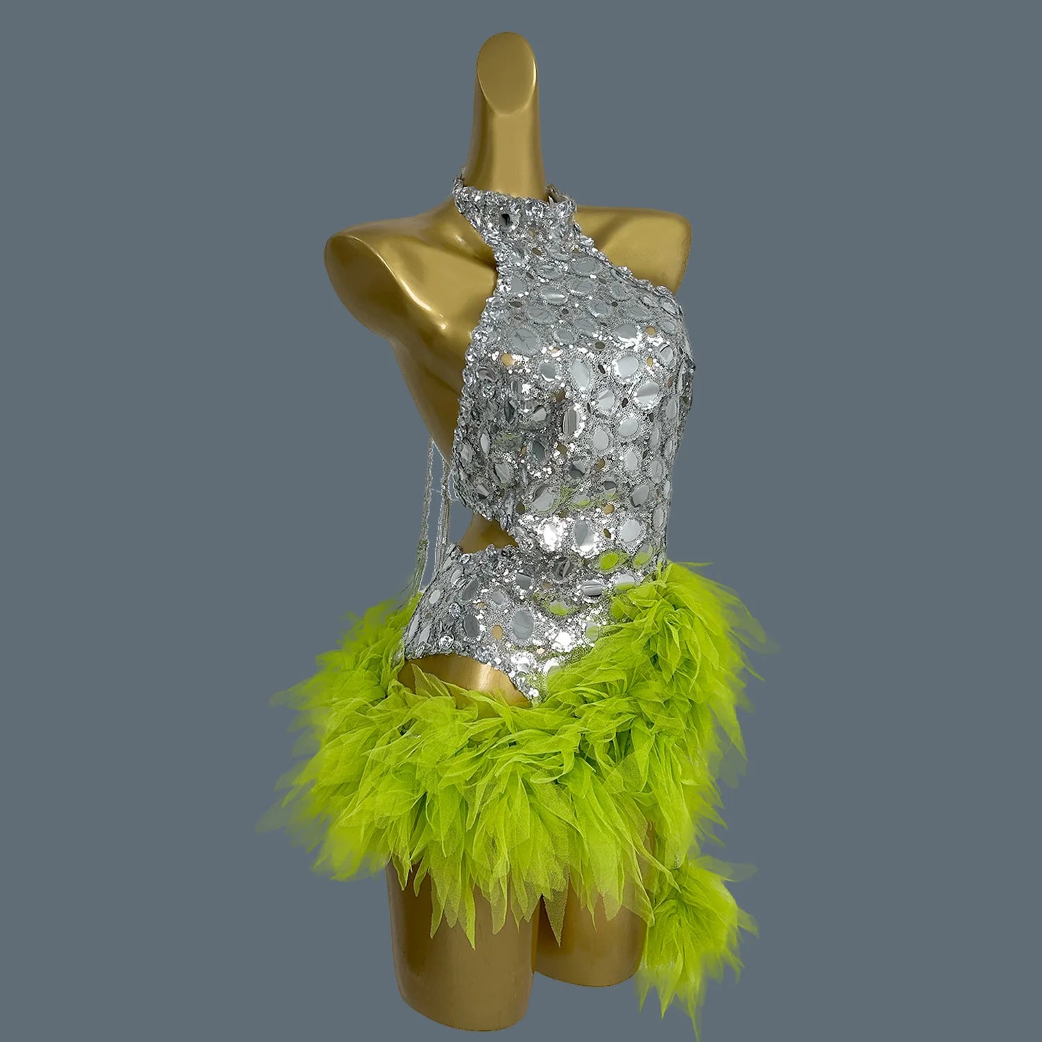 Mesh Performance Costume Bar Dancer Night Club Bodysuit Stage Wear Sparkly Green Fade Mirrors Women Sexy BodyconLeotard Yuanjing