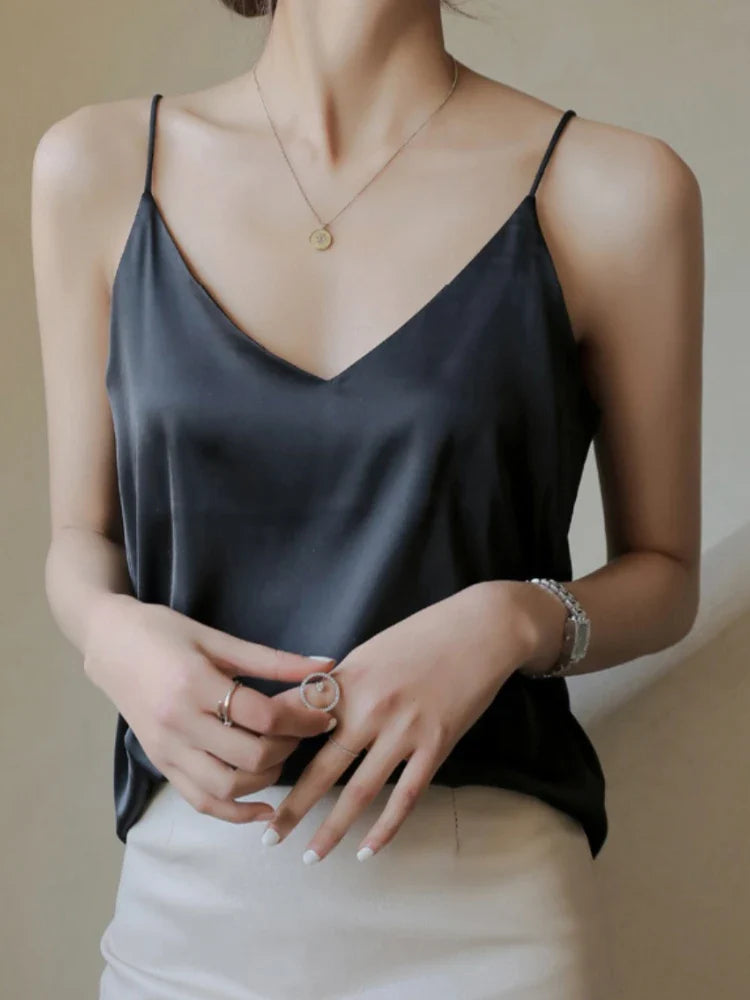 Grey Camisoles for Women Acetate SATIN Loose Summer Spaghetti Strap Tank Top Solid V-neck Fashion Sexy Backless Tanks & Camis