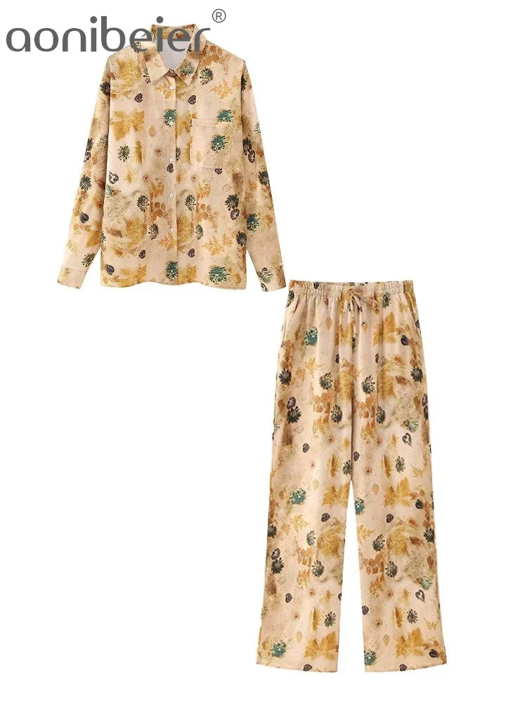 Aonibeier Thin Satin Printed Women Loose Shirt Suits Traf Summer Long Sleeve Casual Blouse Female Wide Pants Sets Y2K