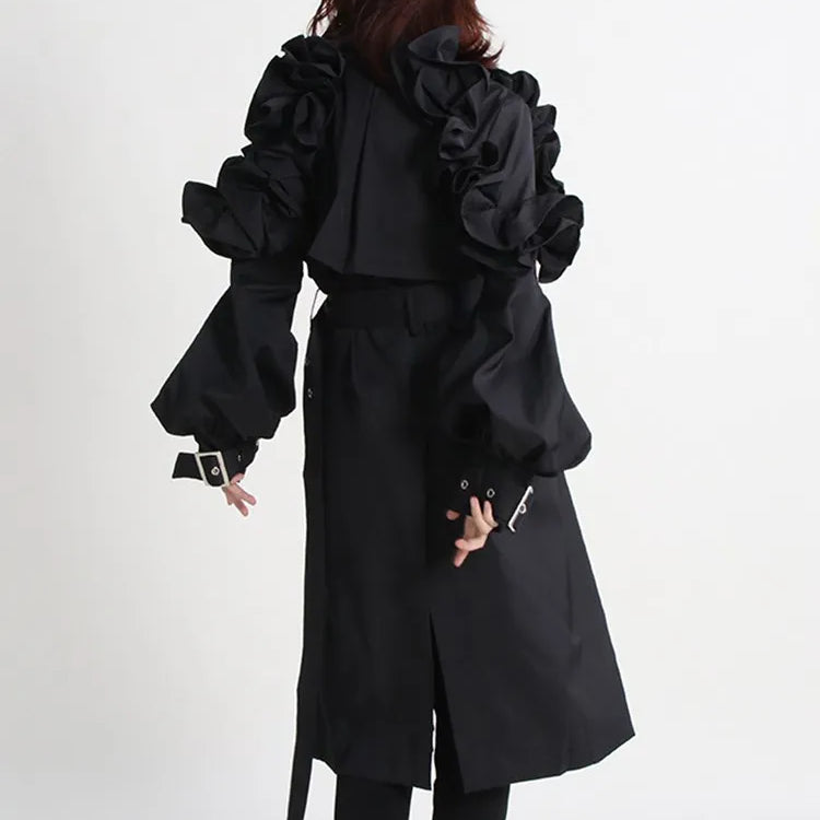 Casual Spliced Ruffles Trenches For Women Lapel Long Sleeve Patchwork Belt Vintage High Street Trench Female Style