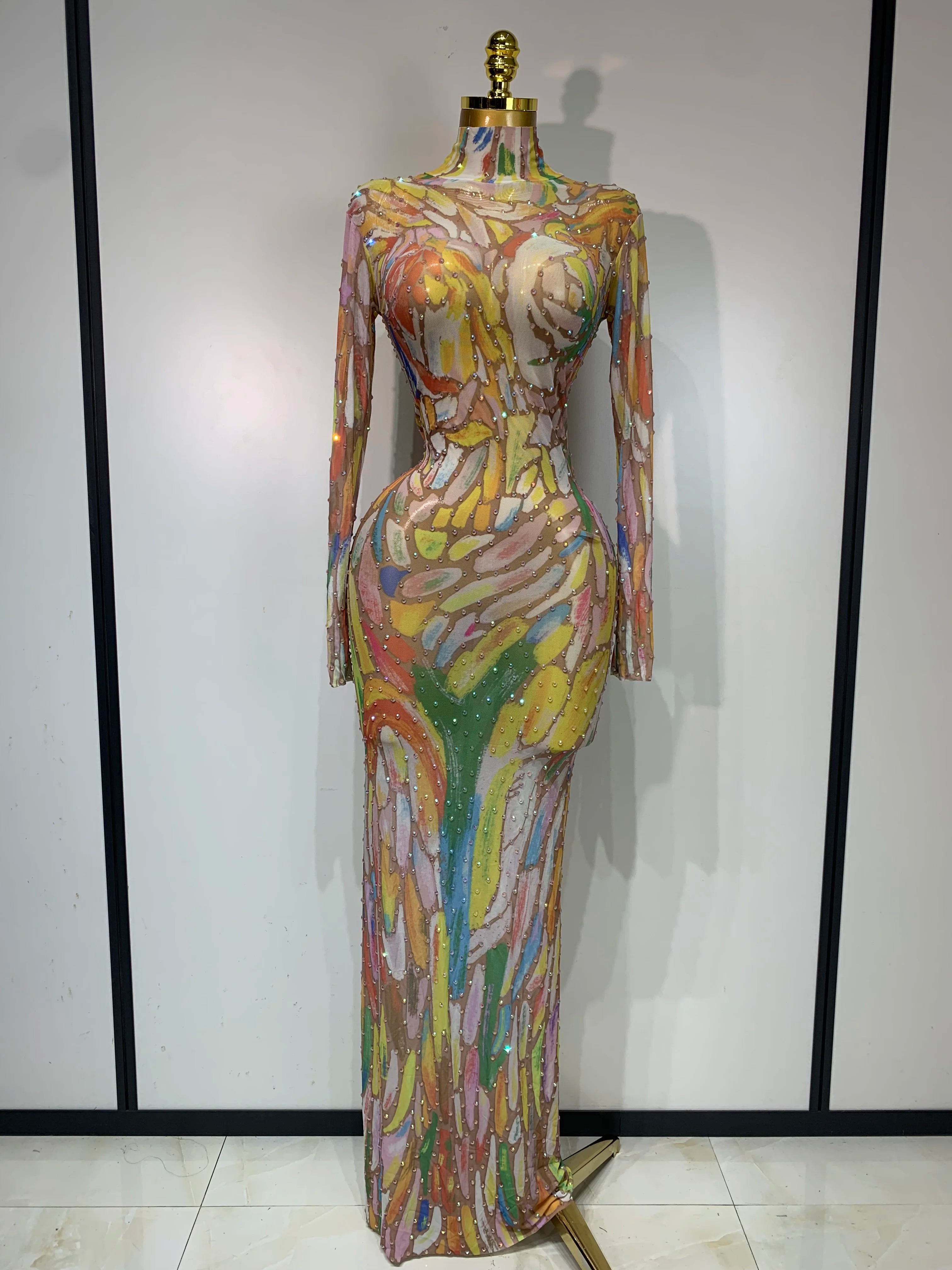 Sparkly Rhinestone Stretchy Mesh See Through Jumpsuit Women Performance Dancer Costume Rompers Party Nightclub Stage Outfit Beige