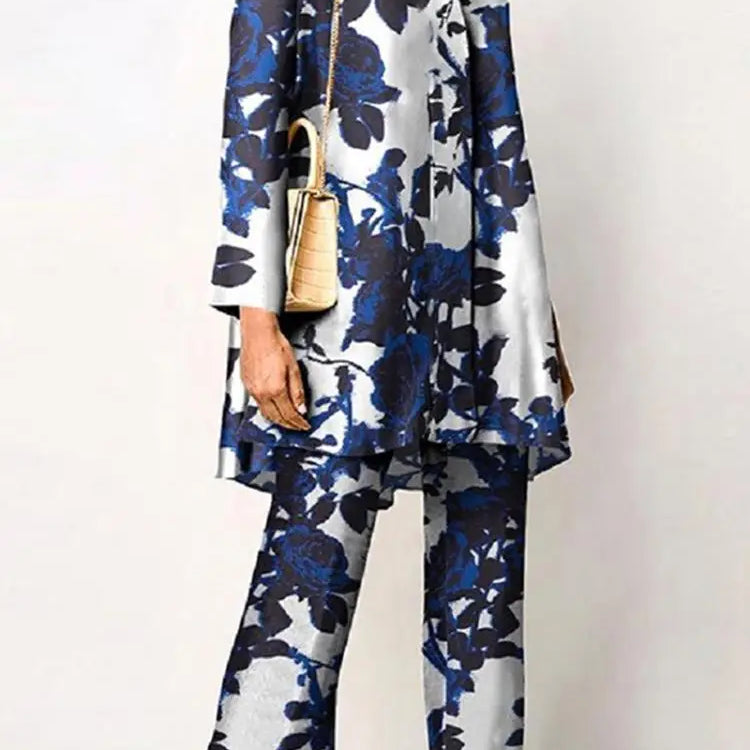 ZANZEA Women Casual Pants Sets Outfits Oversized Fashion Printed Long Sleeve Blouse Wide Leg Pant Streetwear Loungewear Set Suit Blue