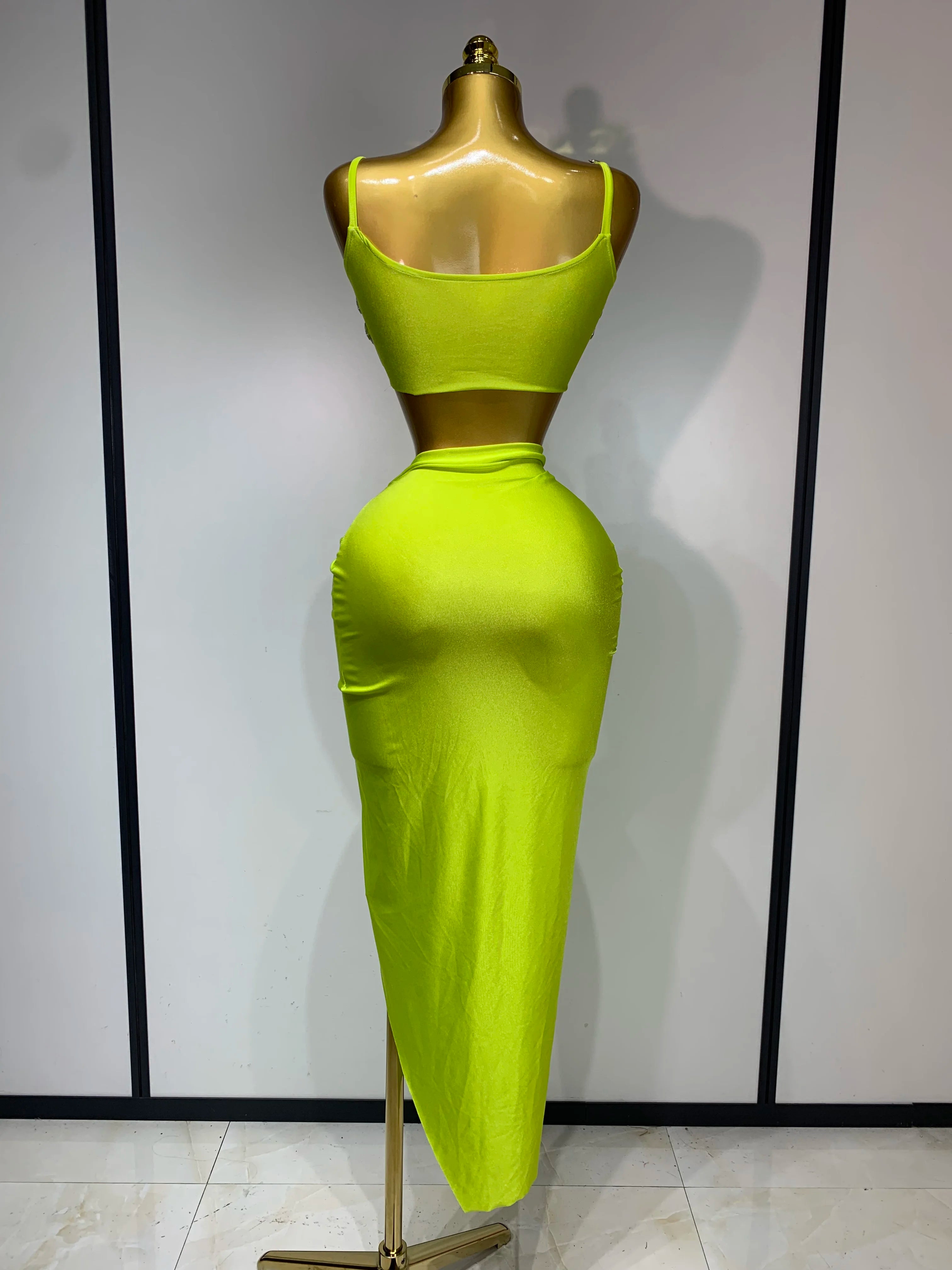 Women Sexy Sparkly Rhinestone Two Pieces Set Stretched Nightclub Skirt Suits Birthday Singer Dancer Stage Performance Costume