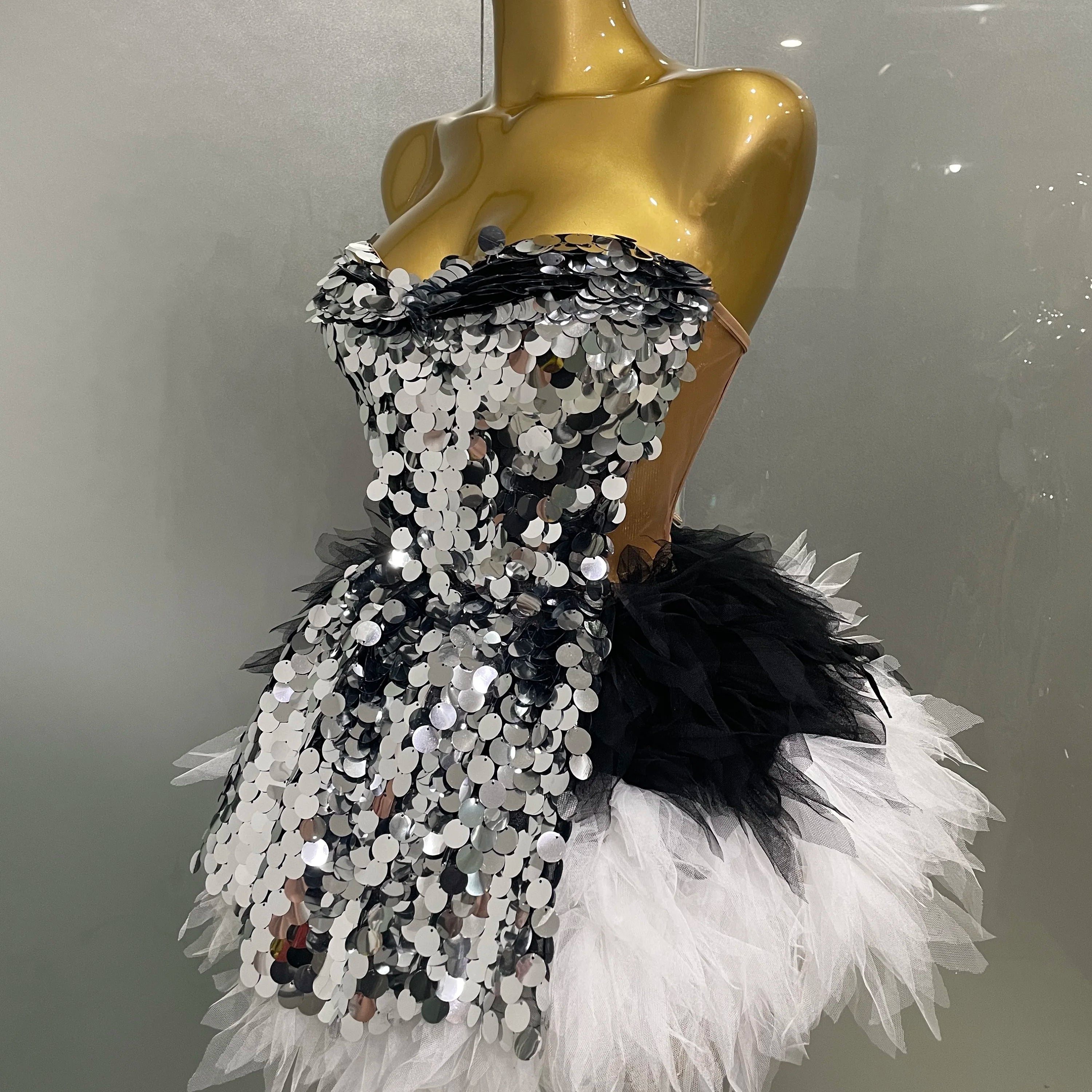 2025 New Stage Costume Women's Sparkly Sequin Mesh A Line Top Skirt 2 Pieces Set Nightclub Party Birthday Dress Photo Shoot Wear