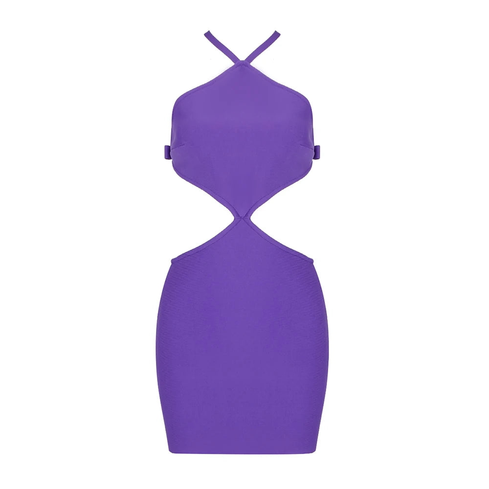 Purple Color Women Sexy Halter Bodycon Mini Dress Rayon Bandage Fashion Backless Nightclub Party Celebrate Outfit Vestido