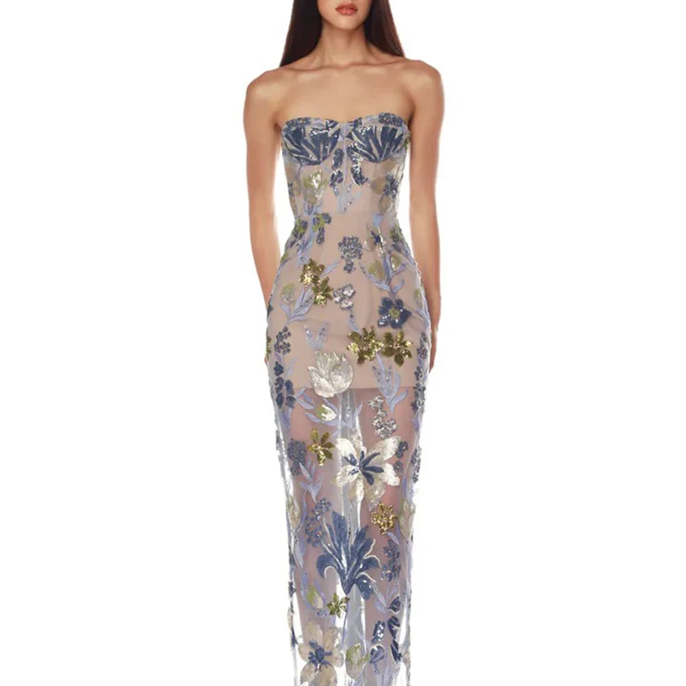 2025 New Fashion Women Sexy Strapless Embroidery Bodycon Long Dress Fashion Celebrate Evening Party Birthday Outfit SKY BLUE