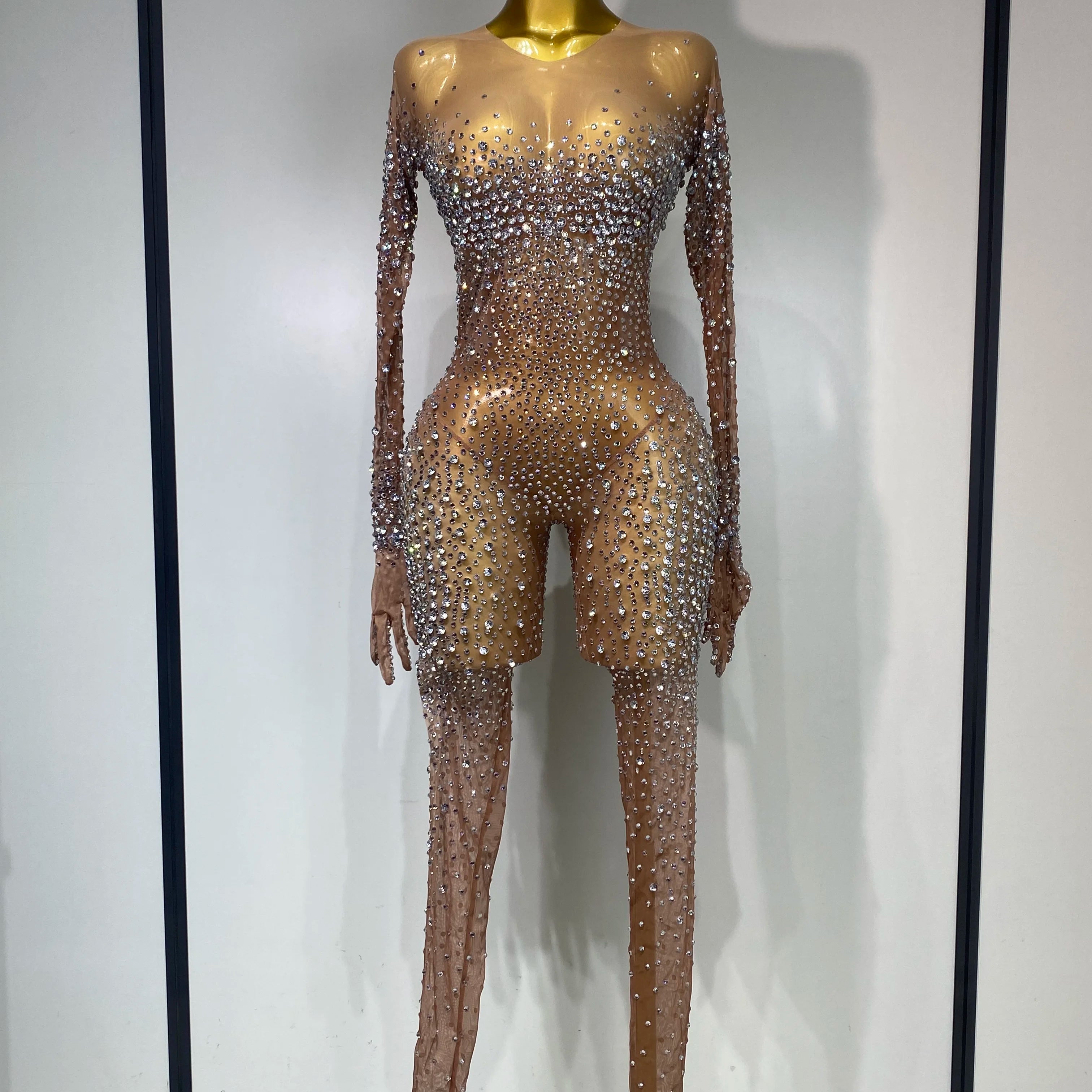 Luxury Rhinestones Bodycon Jumpsuit Sexy Women Mesh See Through Birthday Gown Women Bar Nightclub Dancer Stage Outfit silver diamond