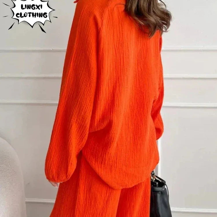 2024 Summer Fashion New Plus Size Women's Wear Set with Polo Collar Cotton Hemp Pants Elegant Solid Color Two Piece Set