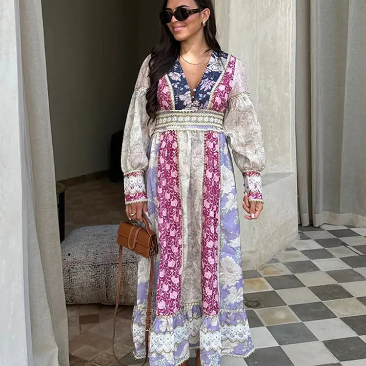 Fashion Patchwork Print Maxi Dress Women Long Sleeve V Neck High Waist Vestidos Female Vacation Party Club Robes