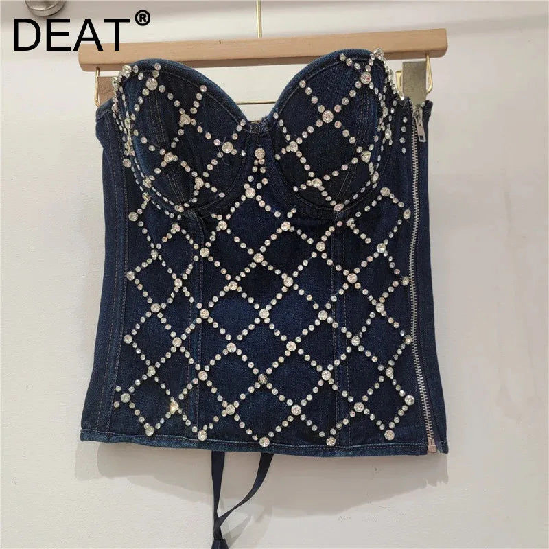 DEAT 2026 Spring Fashion New Back Bandage Beaded Denim Vest For Women Lace-up Slim Fit Zipper Tank Top Female Trendy 11A07881