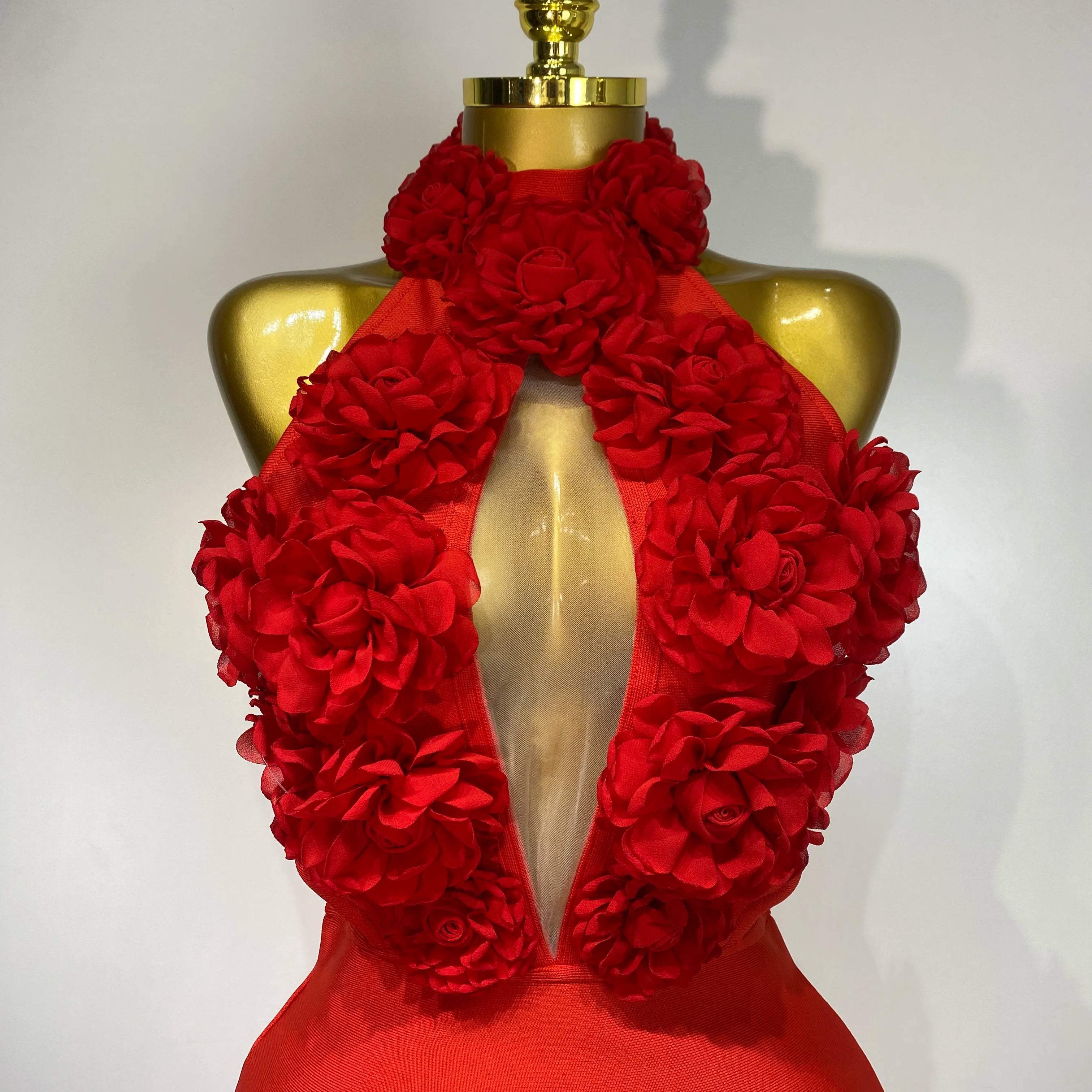 2025 New Women Sexy Halter Hollow Out Flowers Bodycon Bandage Dress Red Backless Elegant Party Luxury Birthday Wedding Dresses