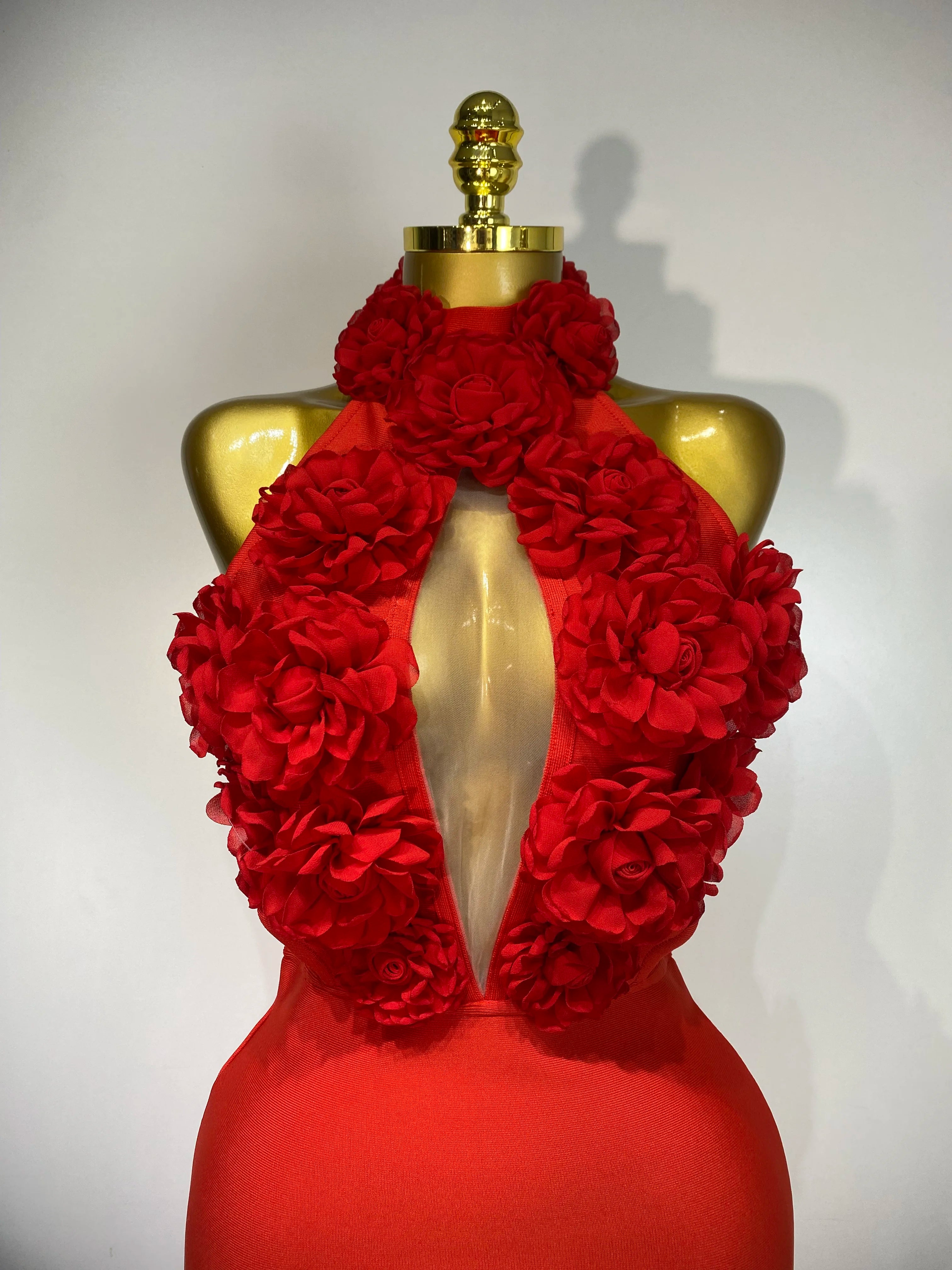 2025 New Women Sexy Halter Hollow Out Flowers Bodycon Bandage Dress Red Backless Elegant Party Luxury Birthday Wedding Dresses