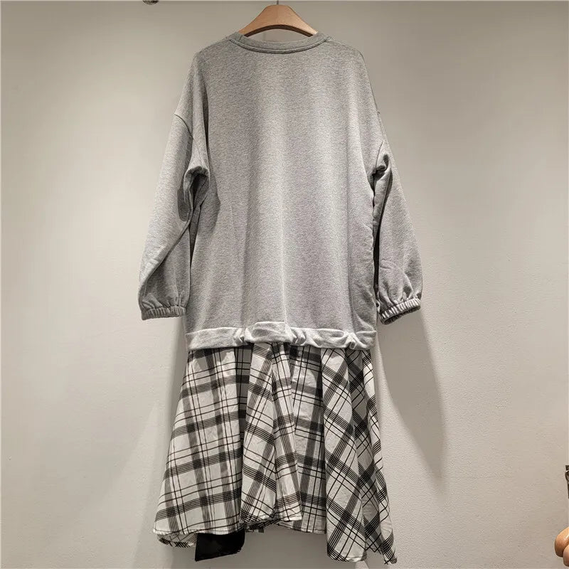Autumn Winter New Fashion Plaid Fake Two-Piece Patchwork Sweatshirt Dress For Women Mid-Length Dresses Female 11A07720