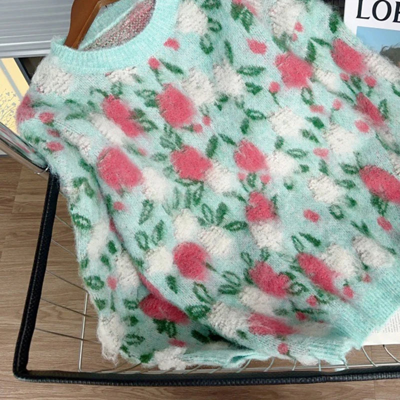 Autumn Winter New Fashion Heavy Industry 3D Pink Flower Pullover Sweater For Women Loose Lazy Style Knitted 11A07837