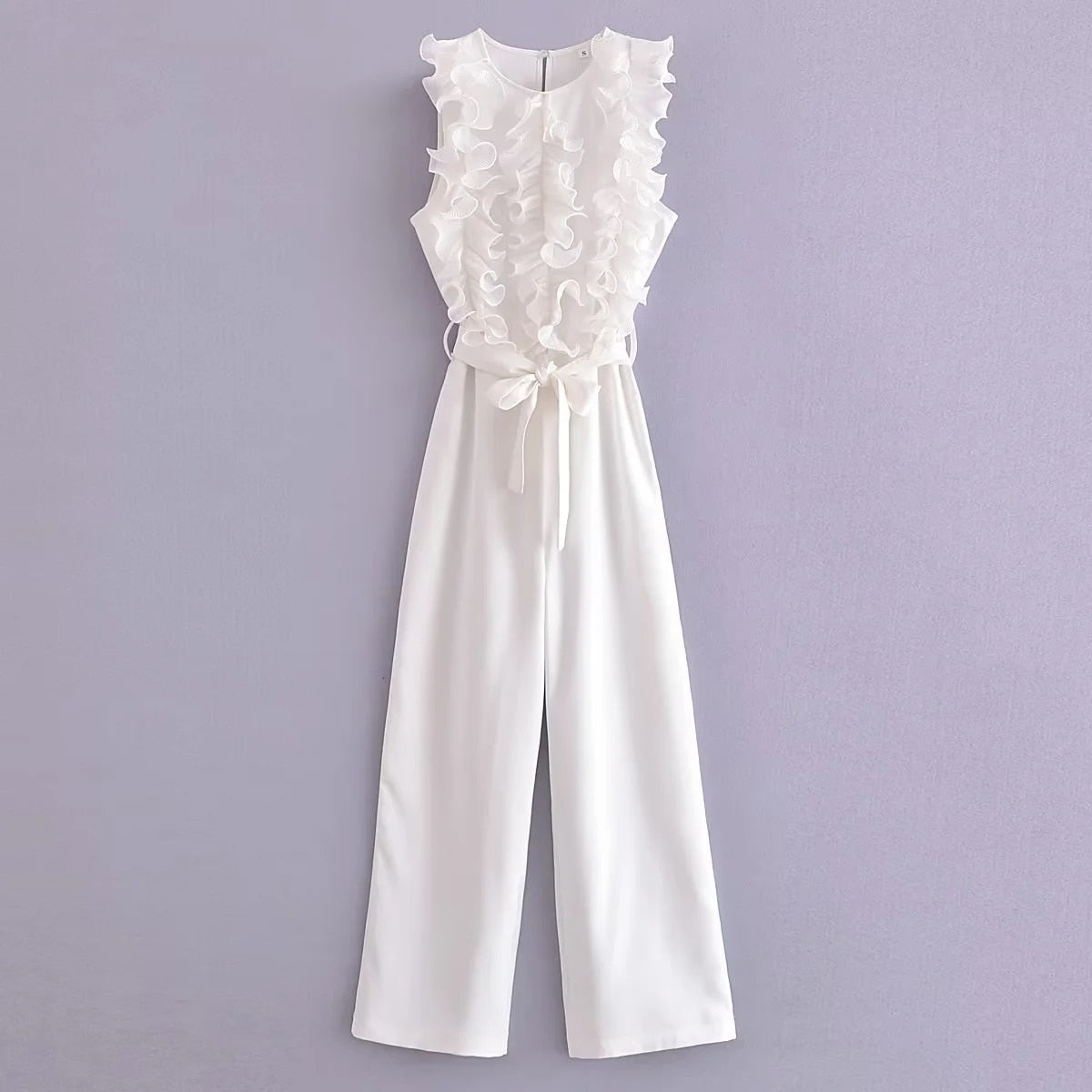 TRAF 2024 New Summer Women Elegant Solid Ruffle Sexy White Jumpsuits Fashion Long Jumpsuit with Belt As picture 1
