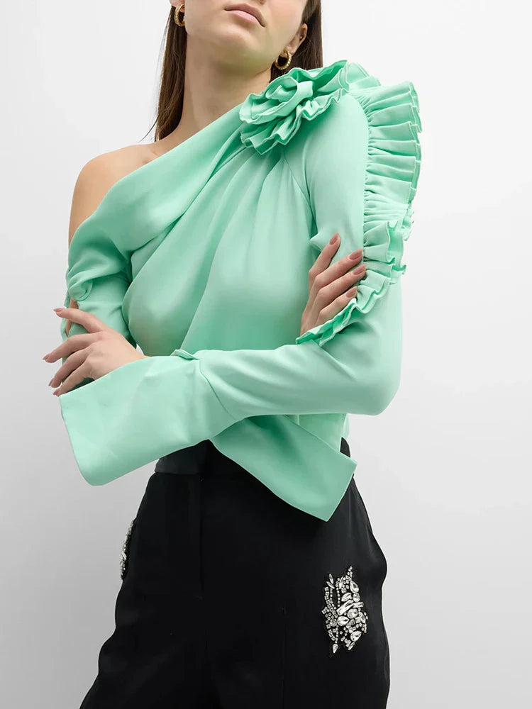 Patchwork Appliques Asymmetrical Blouse For Women Diagonal Collar Long Sleeve Solid Pullover Shirts Female Fashion