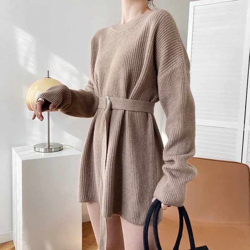 Autumn Winter Women's Long Sweater Dress with Blet Thick O Neck Knitted Pullovers Lady Korea Fashion Oversize Sweater Women