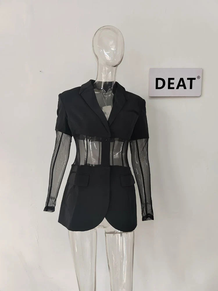 DEAT Fashion Women's Blazer New Notched Collar Patchwork See-through Mesh Single Breasted Slim Suit Jackets Autumn 17A2745 perspective yarn