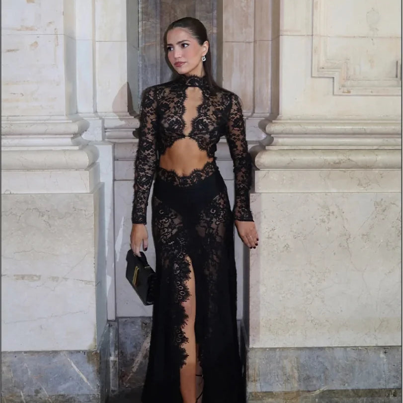 Black Color New Fashion Women Long Sleeve Sexy Lace Keyhole Bodycon Long Dress Fashion Nightclub Party Celebrate Outfit