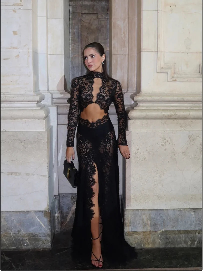 Black Color New Fashion Women Long Sleeve Sexy Lace Keyhole Bodycon Long Dress Fashion Nightclub Party Celebrate Outfit