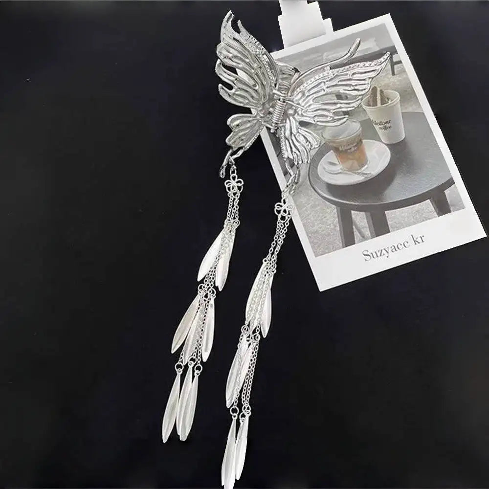 Butterfly Hair Clip Silver Hairpin New Chinese Trendy Claw Clips Woman Girls Styling Barrette Headdress Hollow Tassel Hair Clip