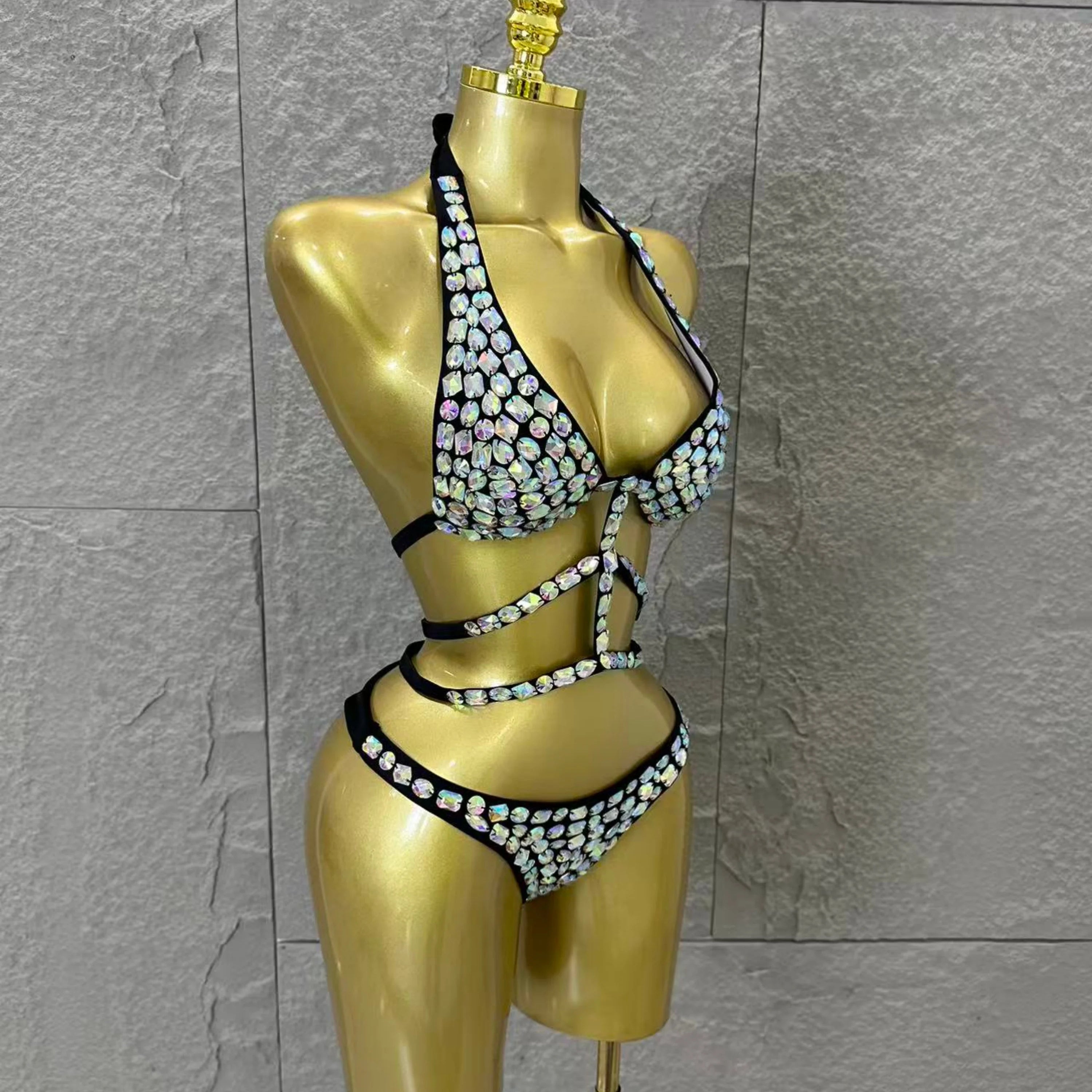 Gold Luxurious Black Bodysuit Women Sexy Halter Neck Iridescent Crystal Embellished Cutout Outfit Stage Performance Costume