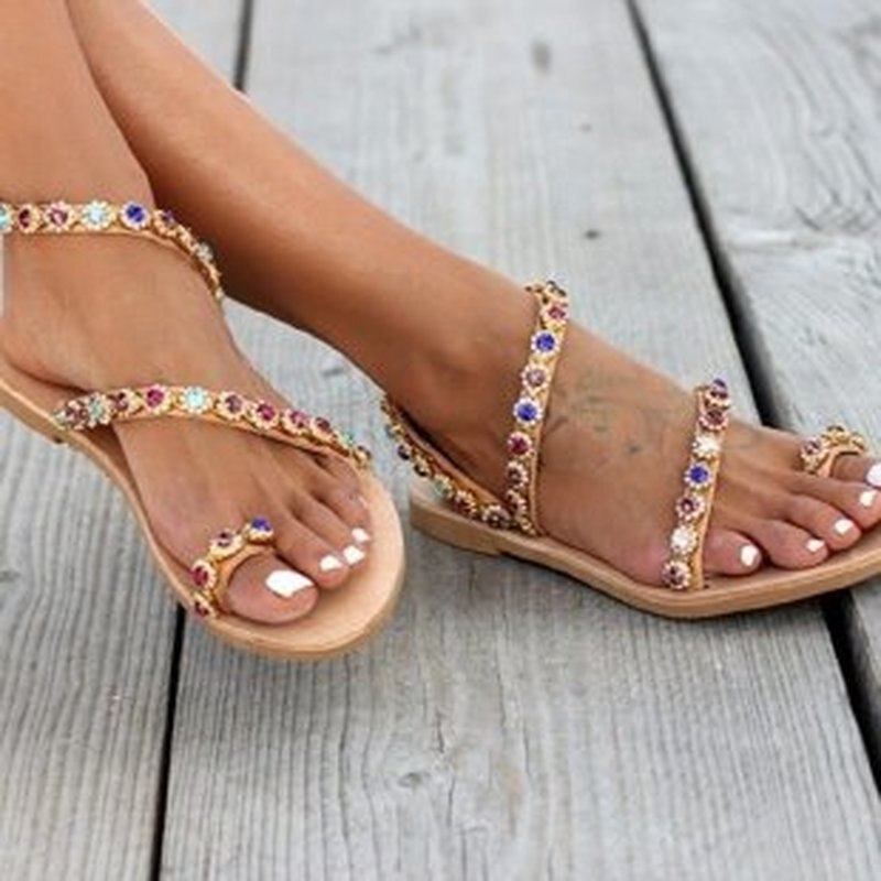 Summer Women Sandals Sweet Boho Pearl Decoration Sandals Leather Flats Plus Size Women Beach Sand Holiday Shoes Zapatos