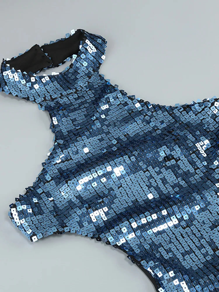 Sexy Backless Halter Mesh Sequins Navy Blue Midi Women Celebrity Dress 2024 Elegant Party Evening Club Vestido