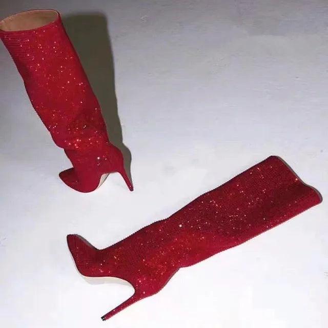 Rhinestone Women's High Boots Pointed Toe Slip-on Long Boots Women Boots High Heels Sexy Stiletto Ladies Party Shoes 2024 New red