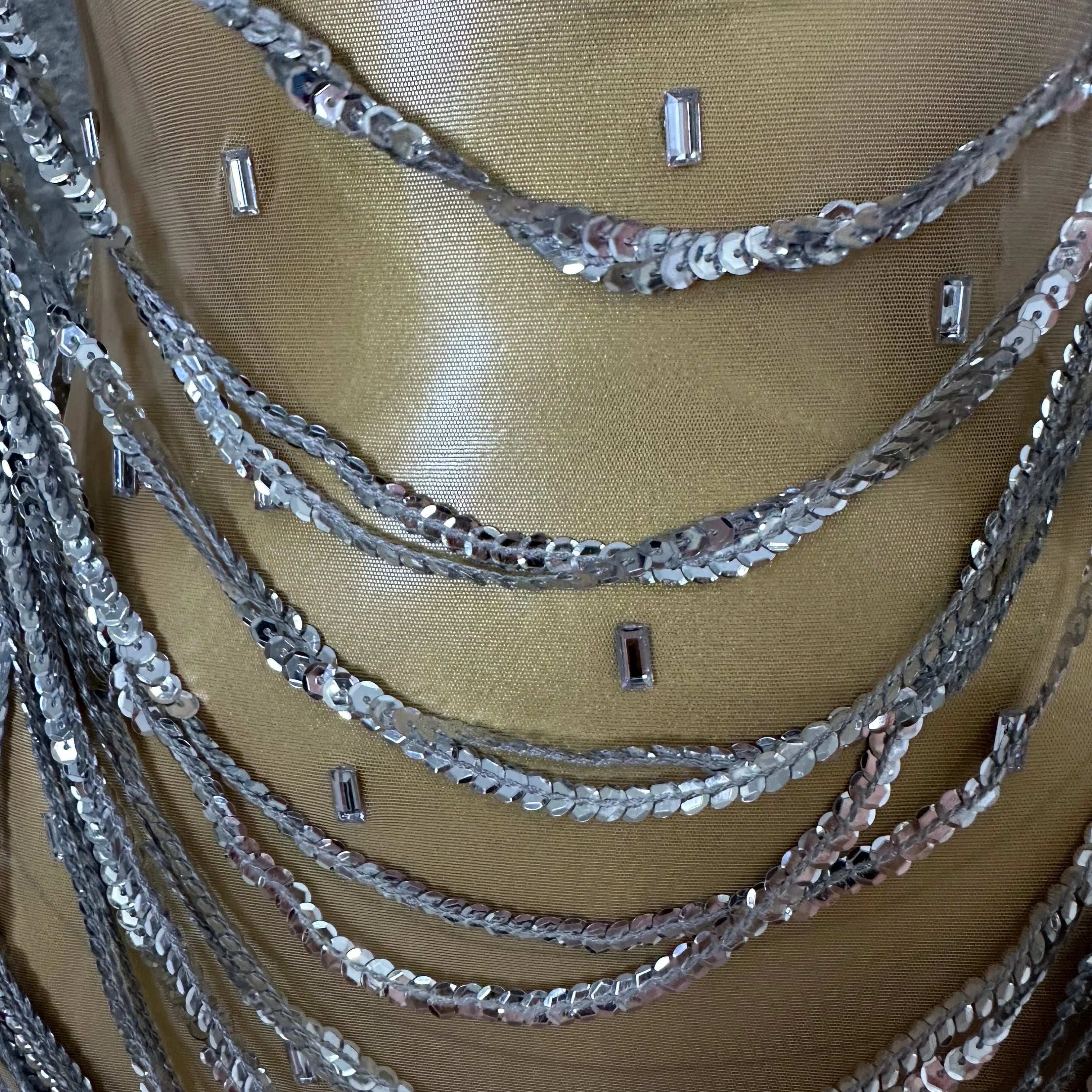 Glamorous Silver Sequined Layered Chain Mesh Dress Women Sexy High Neck Sleeveless Bodycon Stage Performance Costume