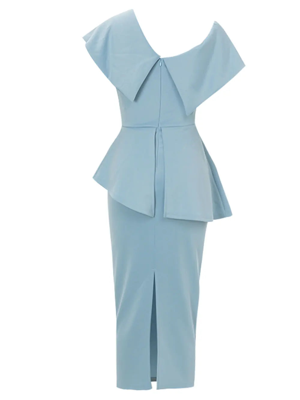 2024 Sexy Women Sky Blue Dress Off Shoulder Slant Neck Lotus Leaf Sleeve Button Design Bodycon Midi Dress Evening Party Vestidos