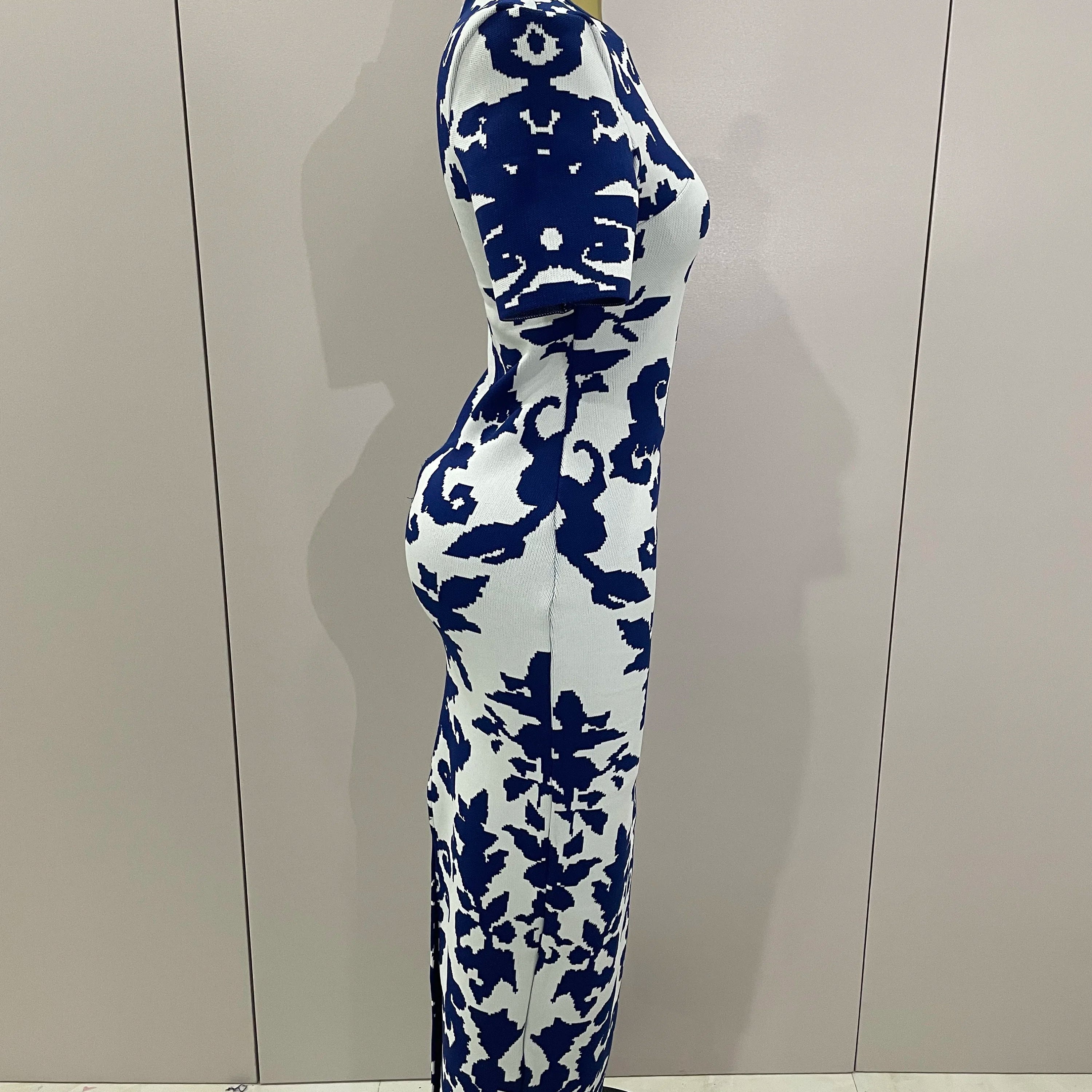 2025 New Sexy Short Sleeve Jacquard Blue Bandage Bodycon Long Dress Women Celebrity Elegant Evening Club Party Luxury Dresses