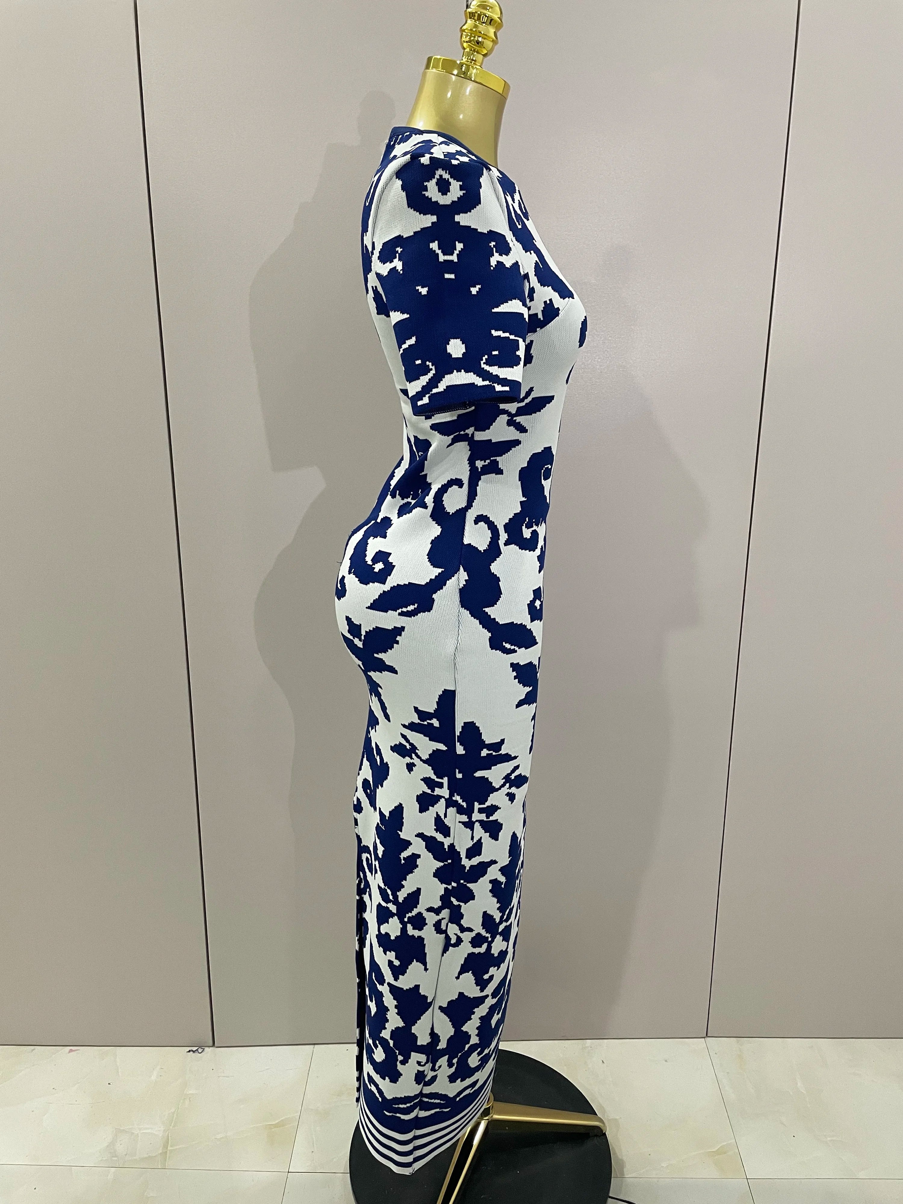 2025 New Sexy Short Sleeve Jacquard Blue Bandage Bodycon Long Dress Women Celebrity Elegant Evening Club Party Luxury Dresses