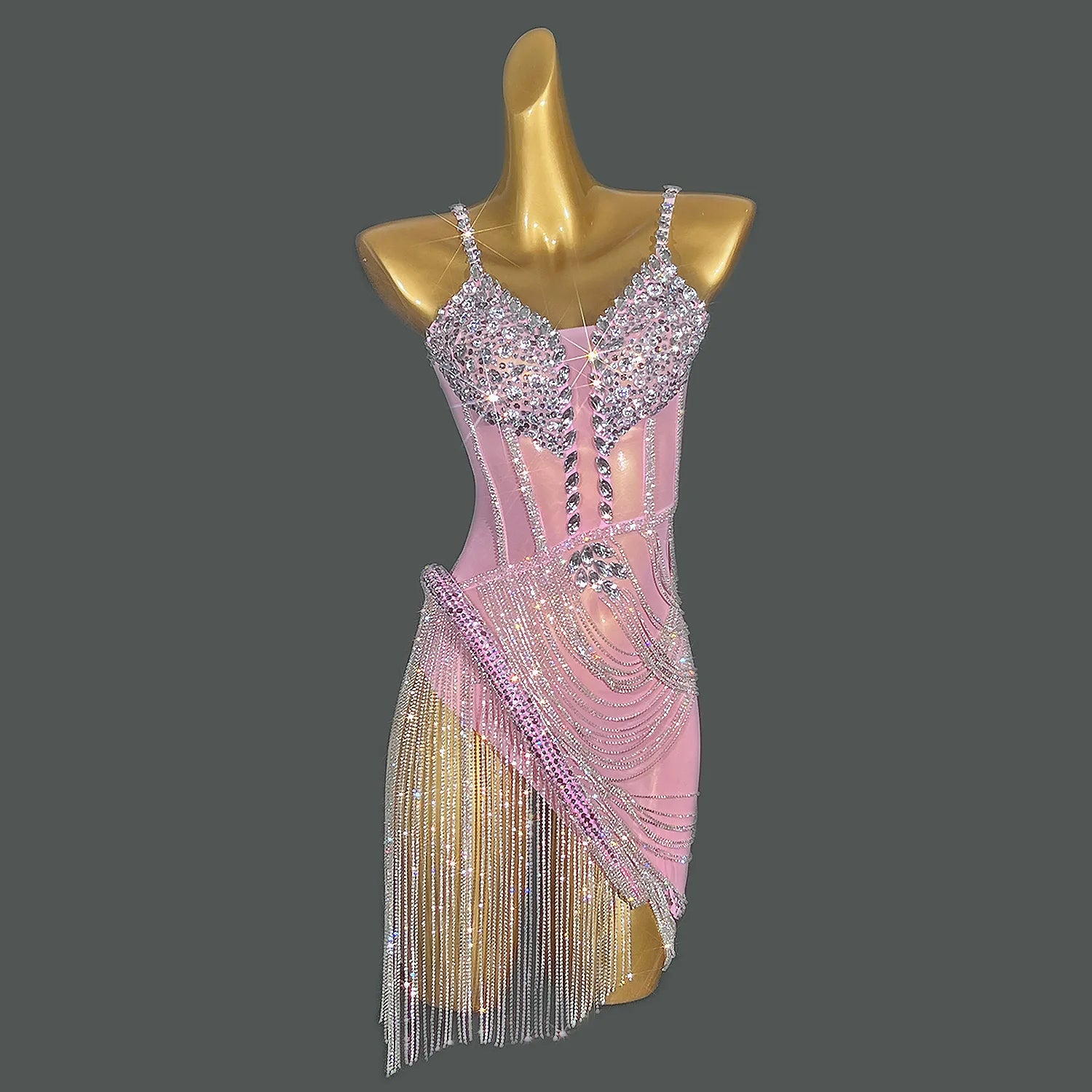 Women Shiny Blue Crystal Chain Diamonds Dress Elastic Sexy Mini Night Club Performance Costume Birthday Party Dress Tassel Liehu Pink