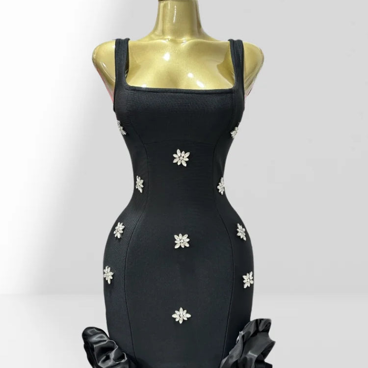2025 Summer Shining Diamonds Sleeveless Sexy Bodycon Mini Bandage Dress Ruffles Celebrate Evening Party Birthday Outfit Vestido black