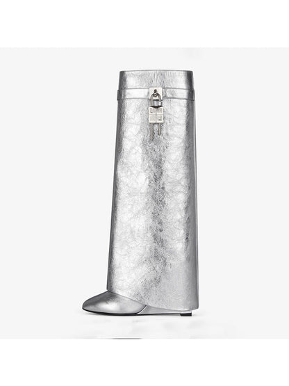 Women's New Knee High Boots Shark Lock Long Thick Soled High-heeled Boots Designer Luxury Brand Women's Leather Boots