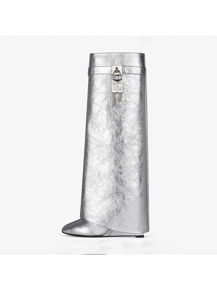 Women's Knee High Boots Shark Lock Long Thick Soled High-heeled Boots Designer Luxury Brand Women's Leather Boots