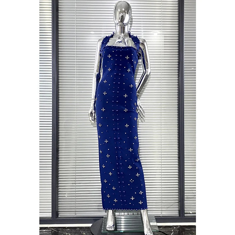 Luxury Shining Diamond Pearl Beading Halter Ankle Length Bandage Dress Elegant Woman Evening Party Vestido Birthday Party Outfit Blue