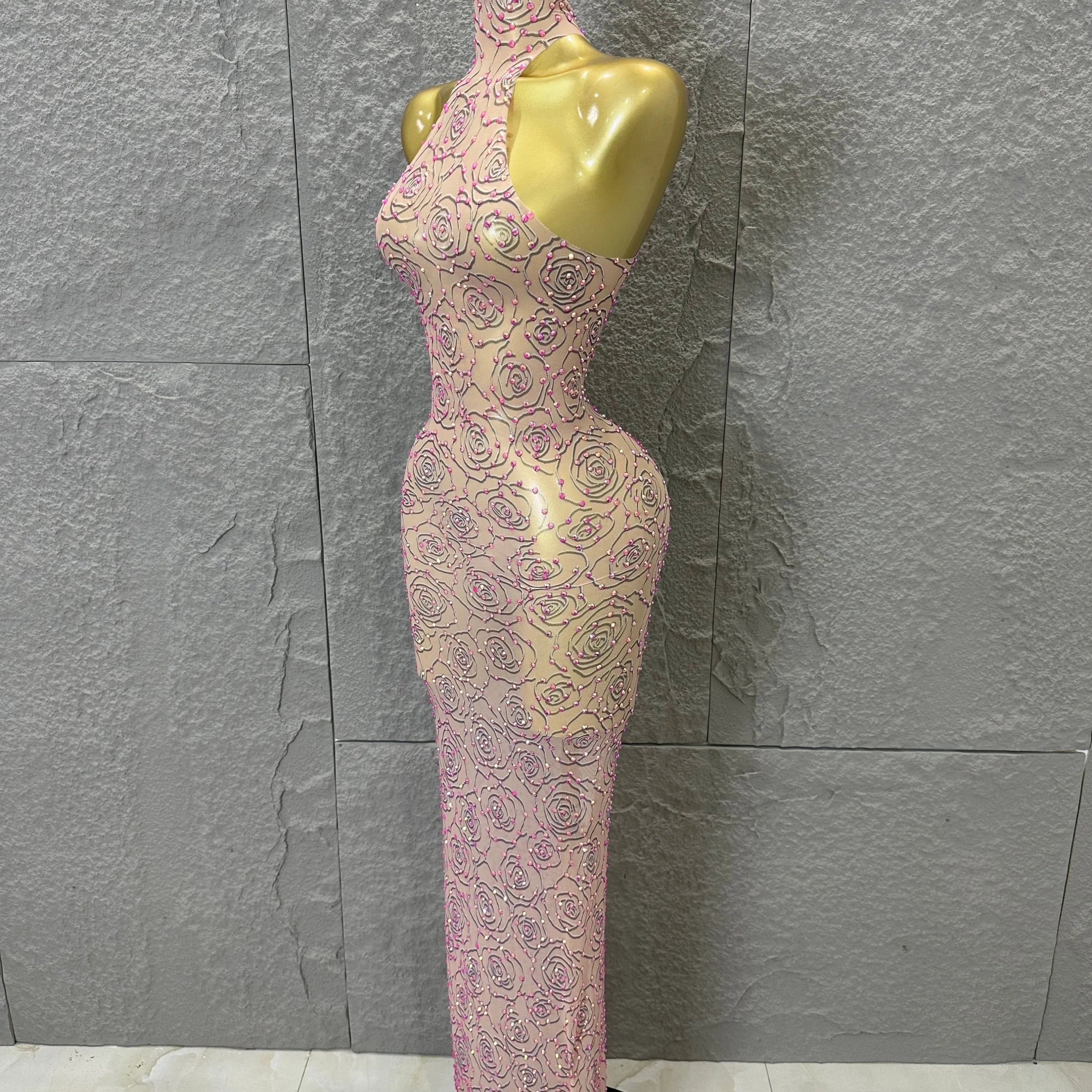 Sexy Glamorous Nude Halter Neck Maxi Dress Sheer Mesh 3D Rose Beaded Embellished Bodycon Nightclub Party Outfit