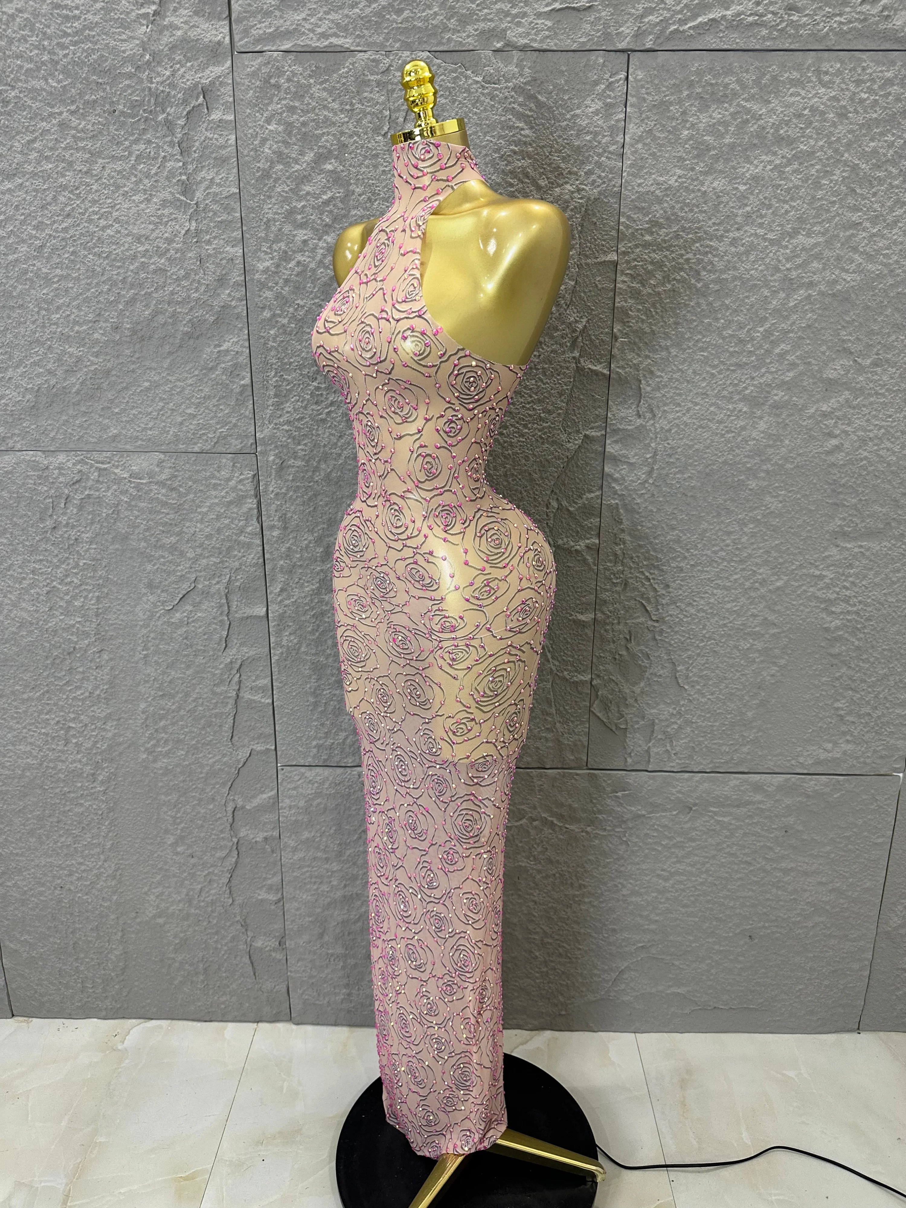 Sexy Glamorous Nude Halter Neck Maxi Dress Sheer Mesh 3D Rose Beaded Embellished Bodycon Nightclub Party Outfit