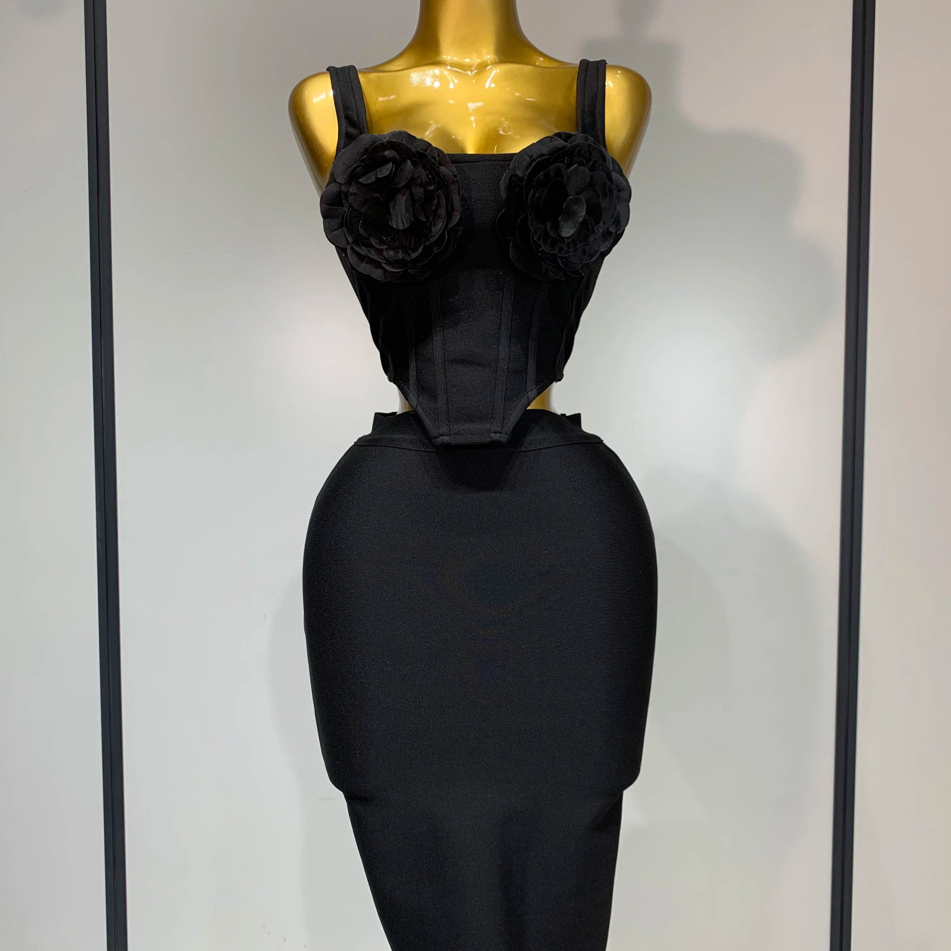 Women Sexy Square Collar Backless Flower Bandage Two Piece Set 2025 Knitted Elegant Evening Club Party Clothing black