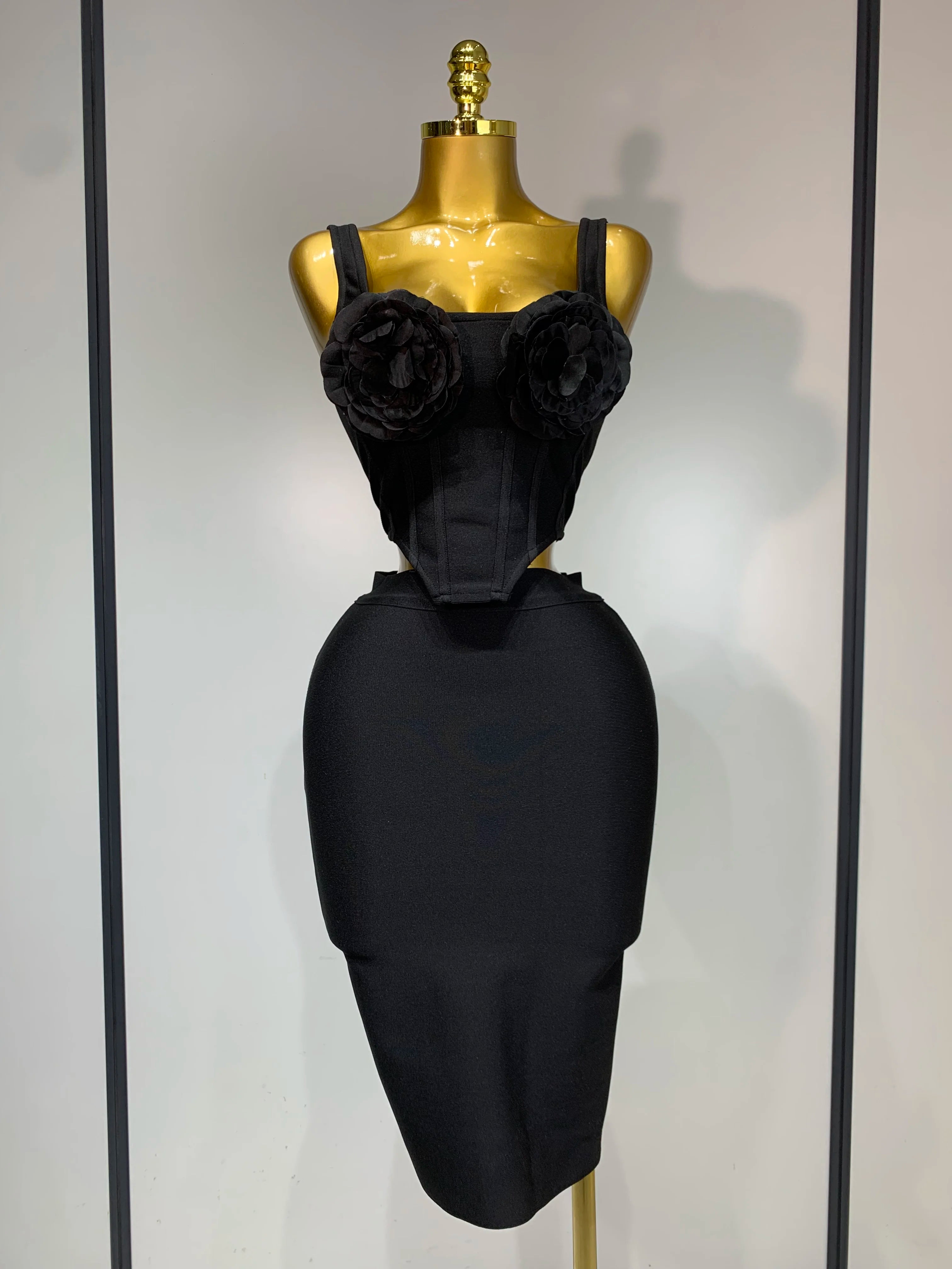 Women Sexy Square Collar Backless Flower Bandage Two Piece Set 2025 Knitted Elegant Evening Club Party Clothing black